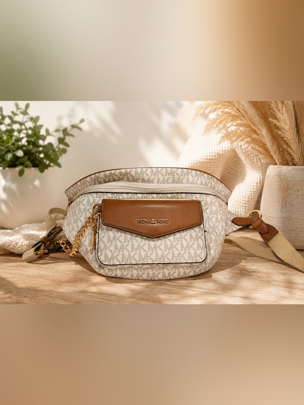 Michael Kors Beige/White MK Signature Crossbody with Brown Leather Flap